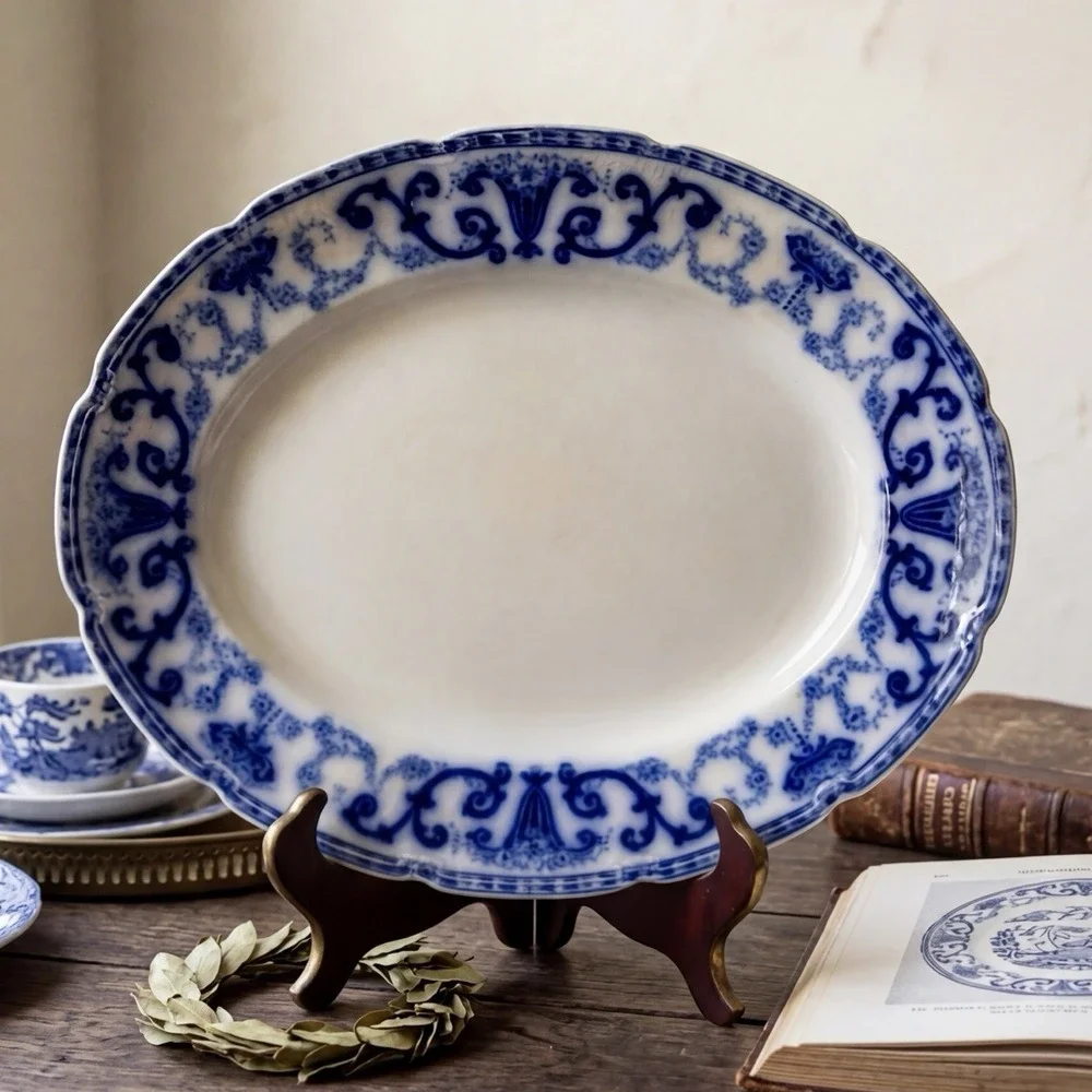 Antique W H GRINDLEY Denton Flow Blue Platter England 1800s Scalloped Edge